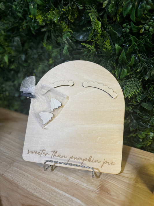 Laser-engraved Sweeter Than Pumpkin Pie baby footprint keepsake board with wooden whipped-cream accents