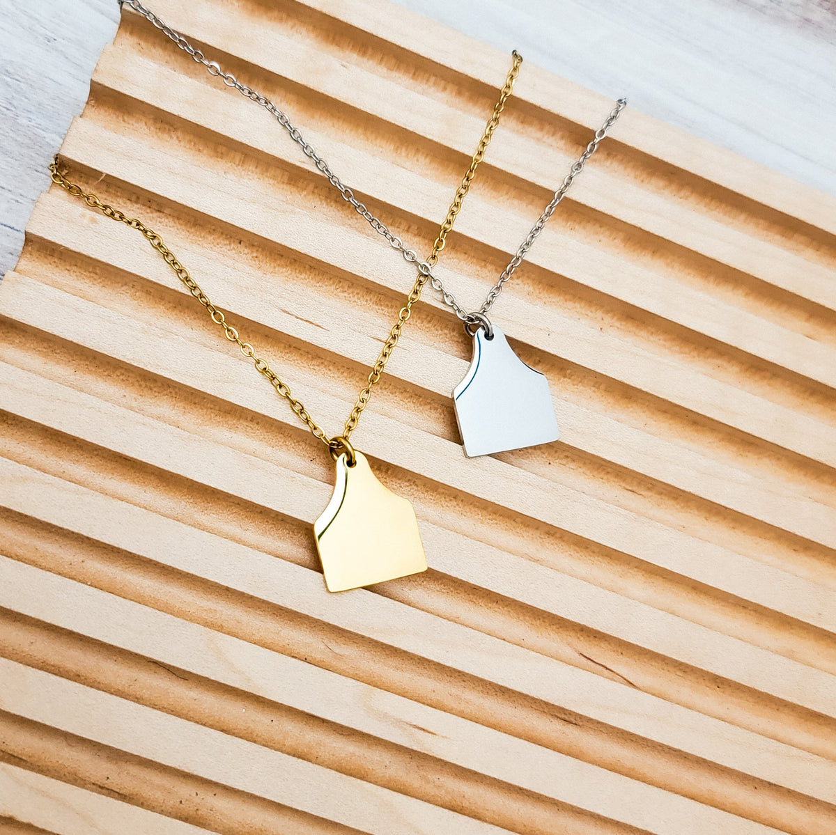 Cow Tag Pendant Necklace, Monarch Pine metal blank #131