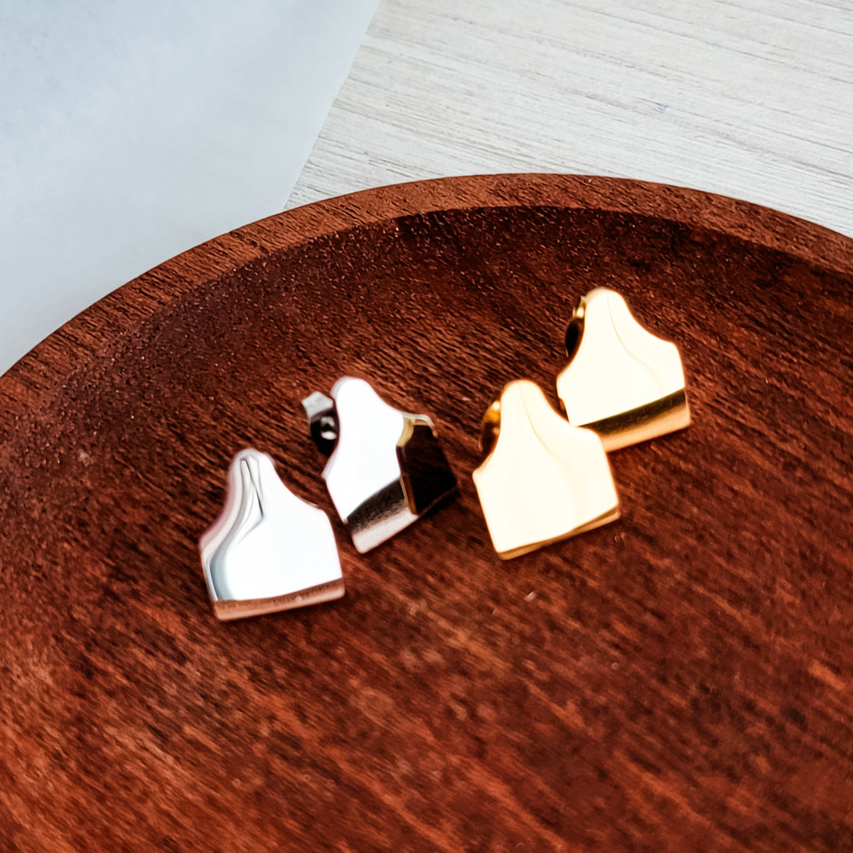Cow Tag Stud Earrings, Monarch Pine metal blank #136
