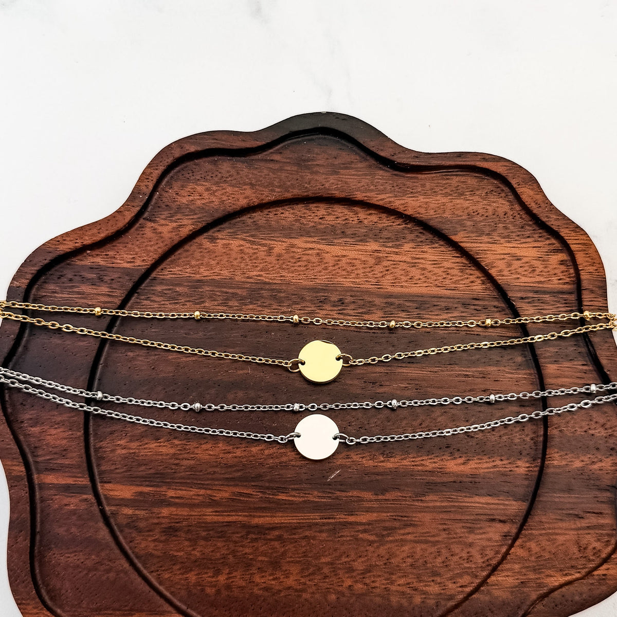 Petite Disc Satellite Chain Bracelet, Monarch Pine metal blank #285