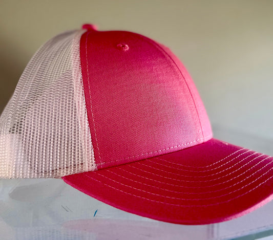 True Pink and White ponytail cap, front view