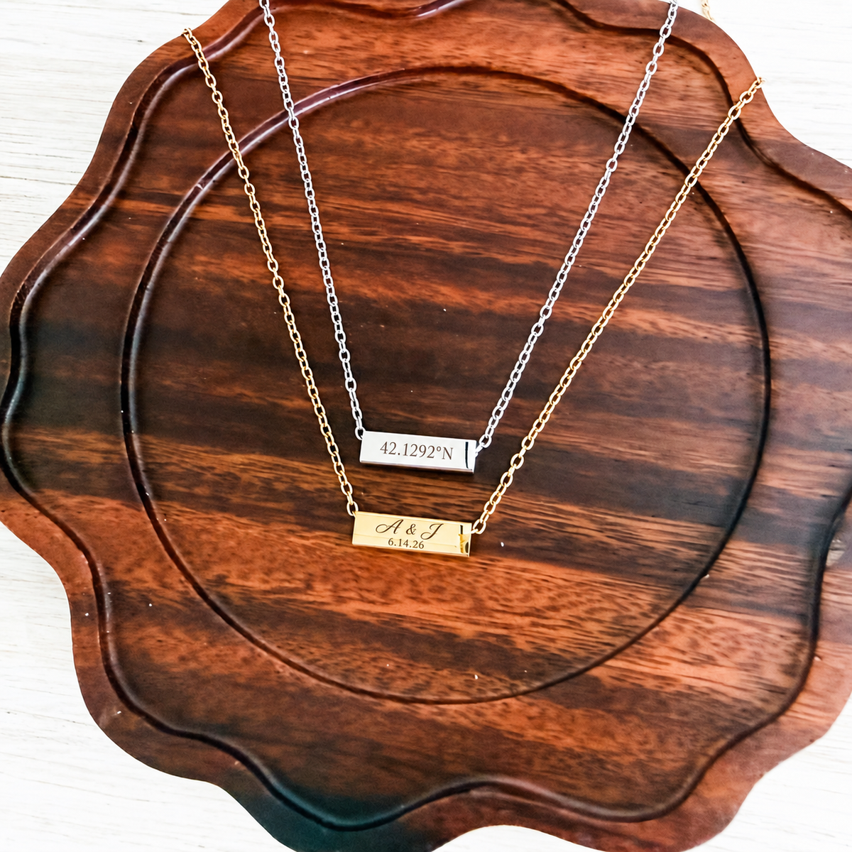 Personalized cuboid bar necklace engraving examples in gold and silver