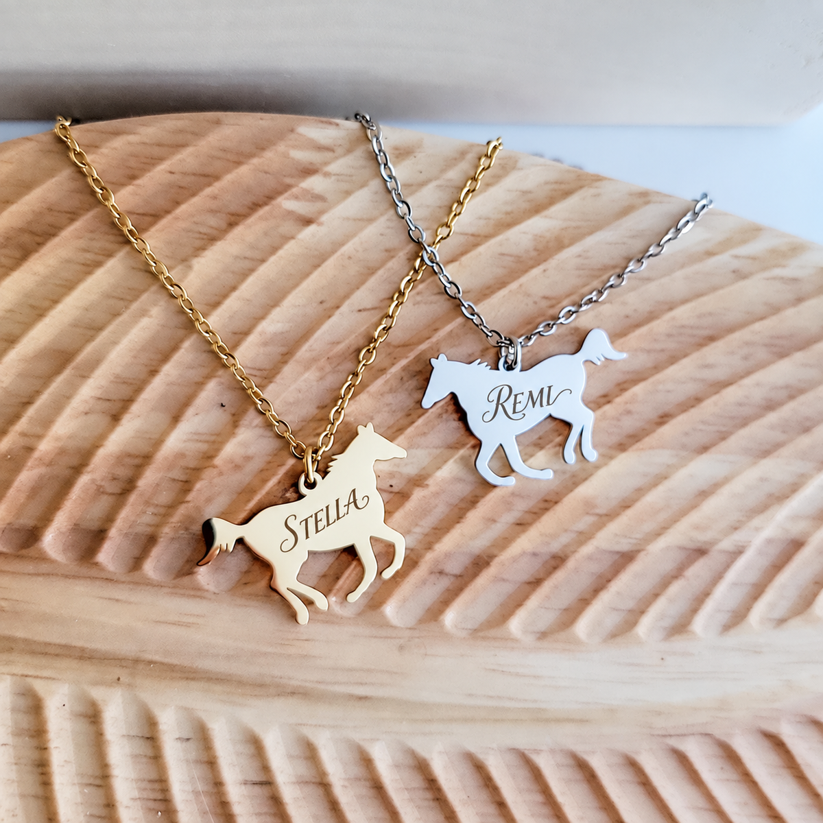 Personalized horse pendant necklace with engraved horse names