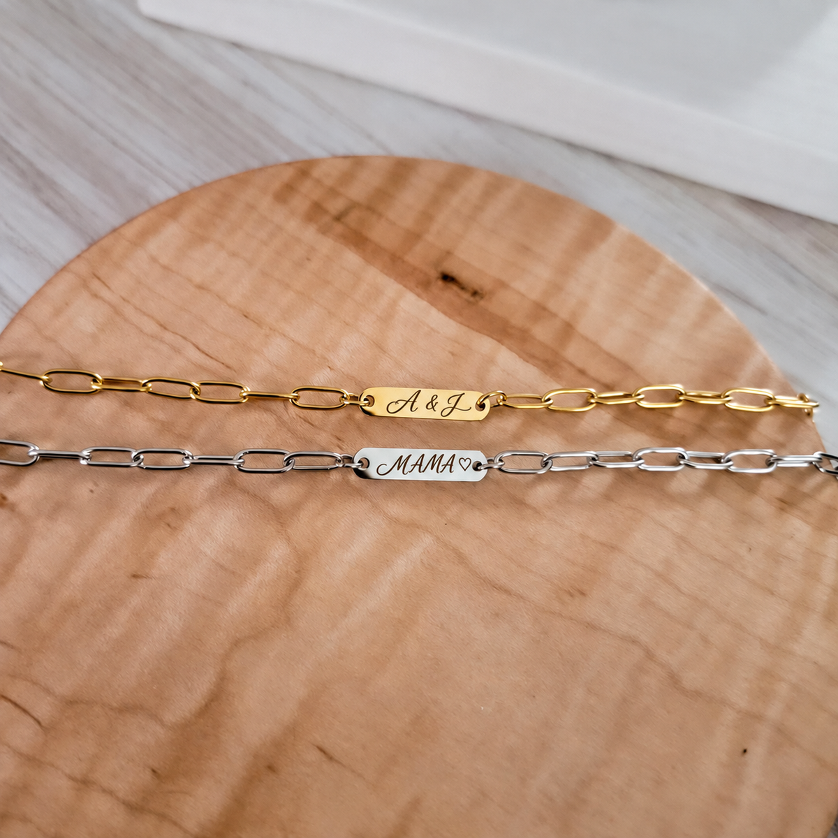 Personalized oval bar paperclip bracelet engraving examples