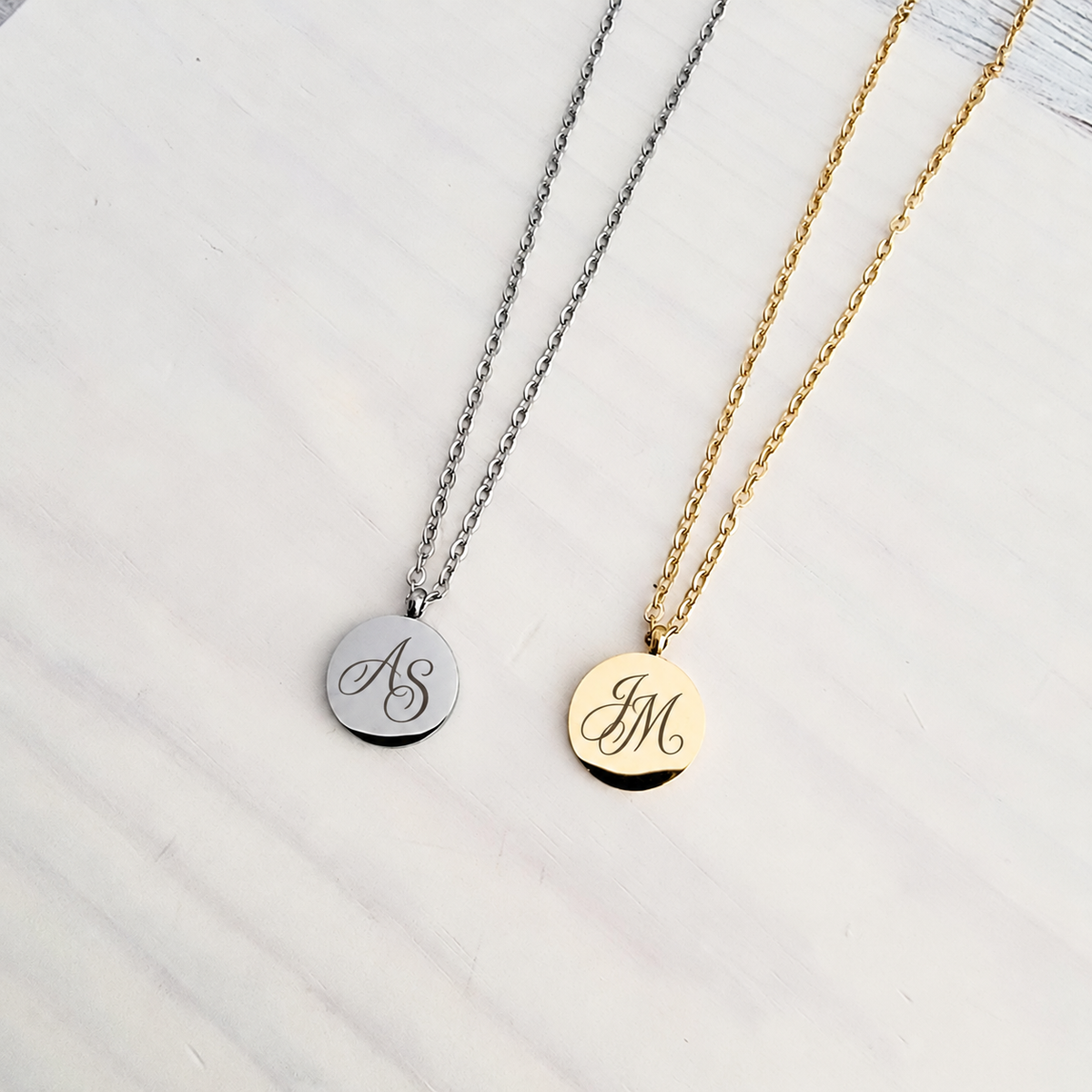 Personalized petite disc necklace engraving examples in gold and silver